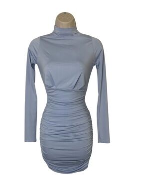 Fashion Nova Light Blue Long Sleeve Ruched Turtleneck Bodycon Dress